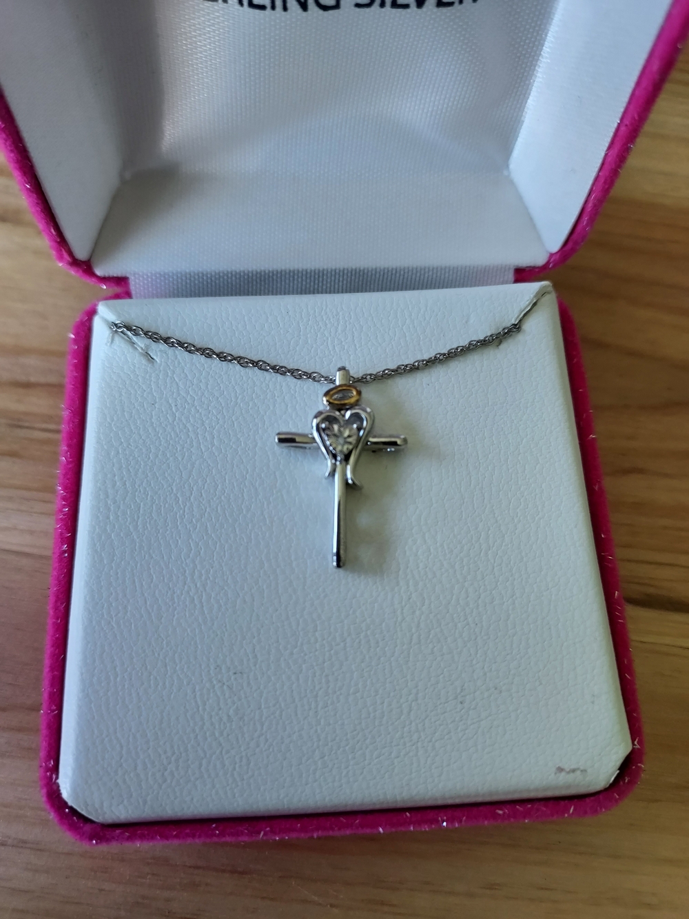 Sterling Silver Cross Necklace with Heart and Gold Accent